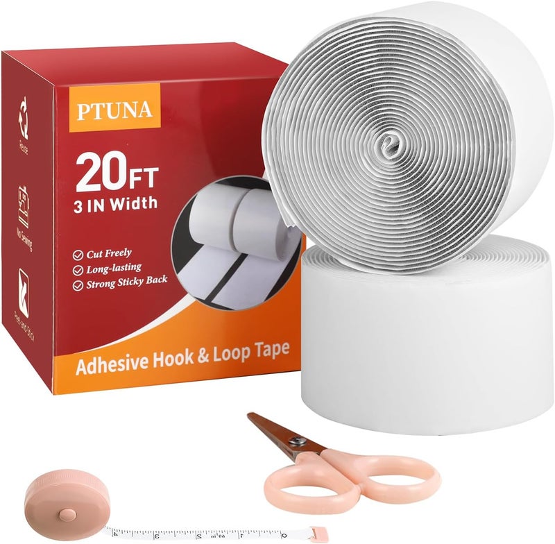 PTUNA 20Ft *3 Inch Hook and Loop Tape with Adhesive Back, Heavy Duty Double Sided Adhesive Strips, Strong Sticky Strips Roll for Home/Office/School/Car, White - Image 1